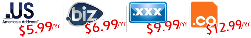 .US Domains @ $5.99/Yr | .BIZ Domains @ $6.99/Yr | .XXX Domains @ $9.99/Yr | .CO Domains @ $12.99/Yr!